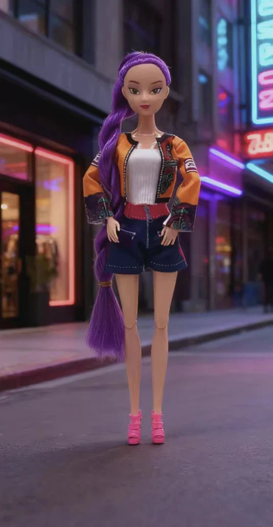 Doll with purple hair and colorful outfit standing on a city street at night.