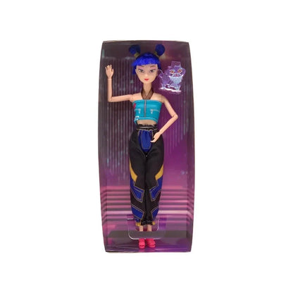 Toy doll with blue hair and black outfit in clear packaging on a white background