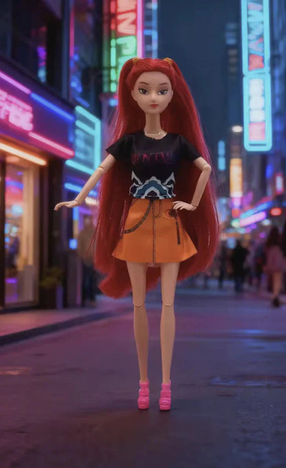Doll with red hair and a black top standing on a neon-lit street