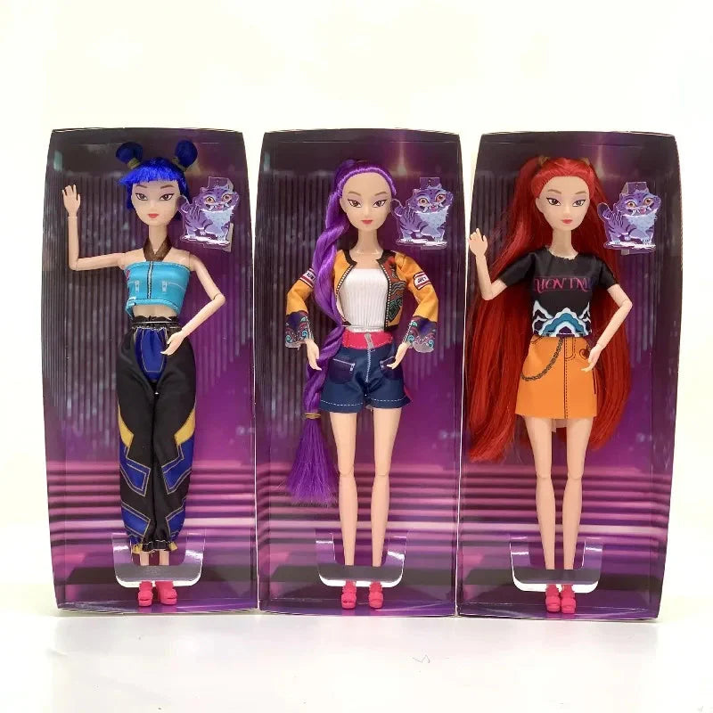 Three dolls with different hairstyles and outfits in their packaging on a white background