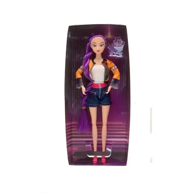 Toy doll with purple hair and a colorful outfit in packaging on a white background